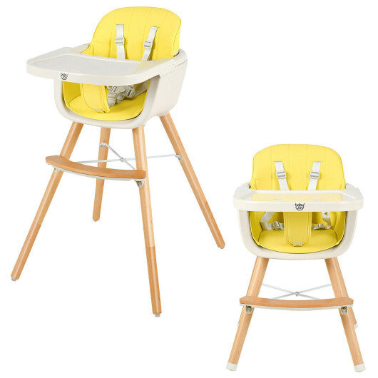 Babyjoy 3 in 1 Convertible Wooden High Chair Toddler Feeding Chair with Cushion Yellow W2B
