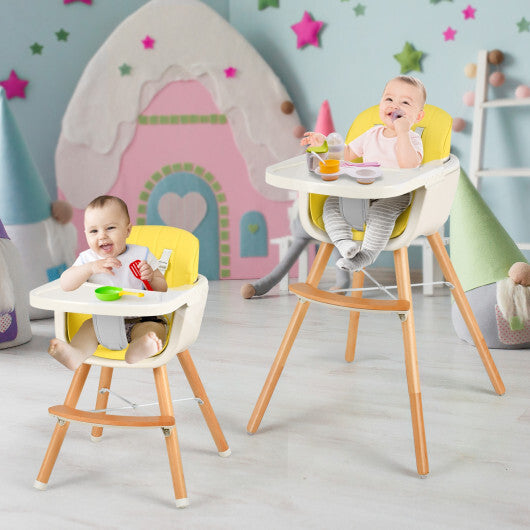 Babyjoy 3 in 1 Convertible Wooden High Chair Toddler Feeding Chair with Cushion Yellow W2B