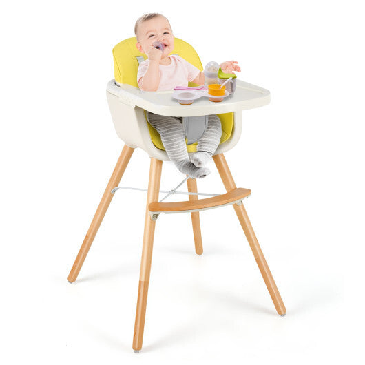 Babyjoy 3 in 1 Convertible Wooden High Chair Toddler Feeding Chair with Cushion Yellow W2B