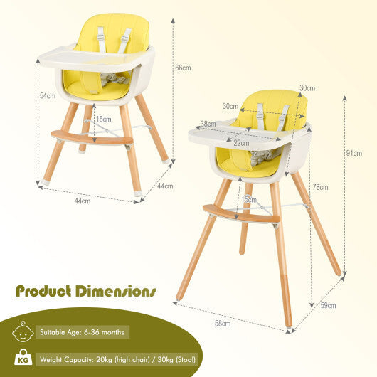 Babyjoy 3 in 1 Convertible Wooden High Chair Toddler Feeding Chair with Cushion Yellow W2B