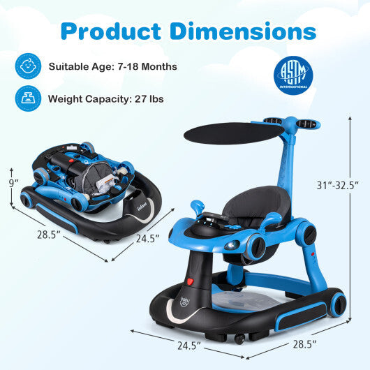 Costway 6-in-1 Baby Walker with Canopy Portable Activity Center Bouncer Rocker Combo with Music-Blue W2B
