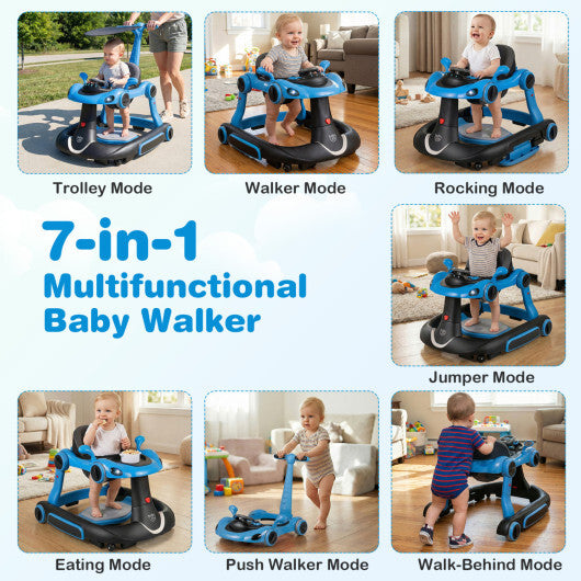 Costway 6-in-1 Baby Walker with Canopy Portable Activity Center Bouncer Rocker Combo with Music-Blue W2B