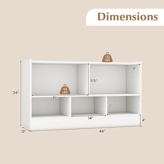 Costway Kids 2-Shelf Bookcase 5-Cube Wood Toy Storage Cabinet Organizer White