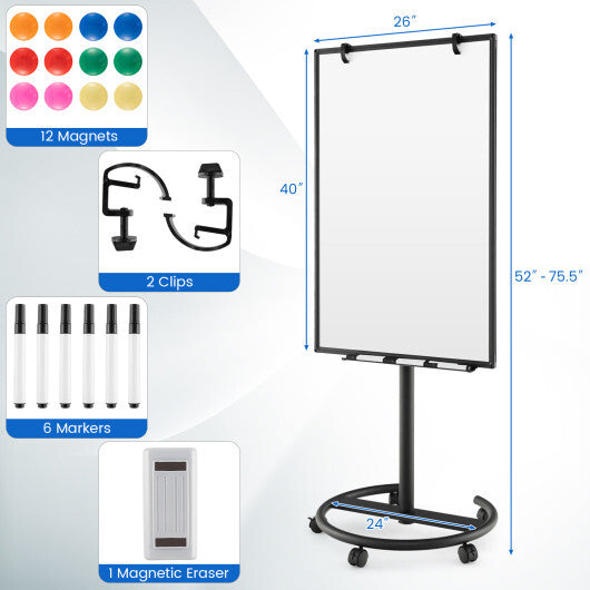 Costway Height-Adjustable Mobile Whiteboard with Round Stand Paper Clips-Black