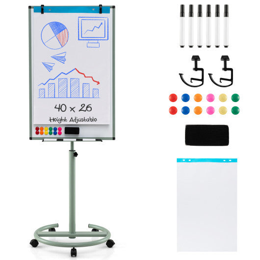 Costway Height-Adjustable Mobile Whiteboard with Round Stand Paper Clips-Green