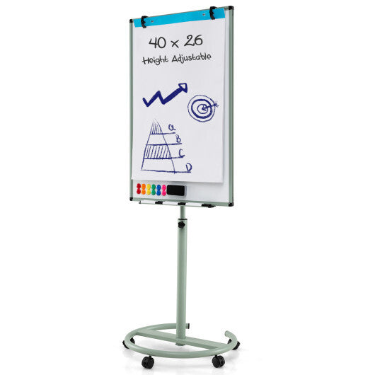 Costway Height-Adjustable Mobile Whiteboard with Round Stand Paper Clips-Green