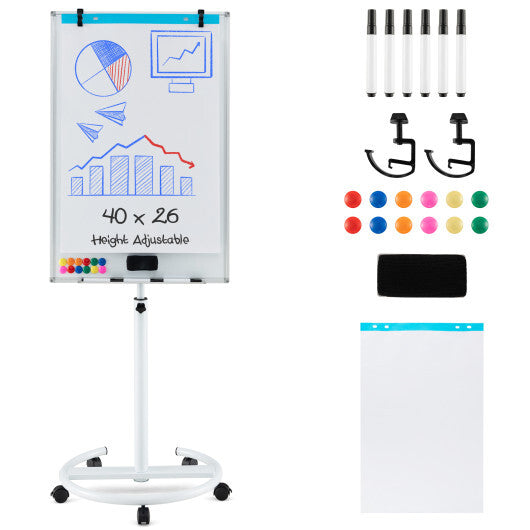 Costway Height-Adjustable Mobile Whiteboard with Round Stand Paper Clips-White