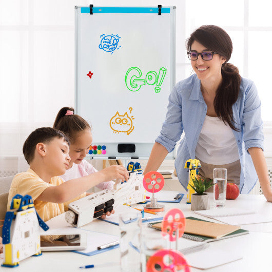 Costway Height-Adjustable Mobile Whiteboard with Round Stand Paper Clips-White