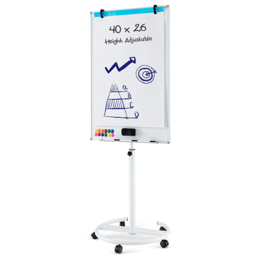 Costway Height-Adjustable Mobile Whiteboard with Round Stand Paper Clips-White