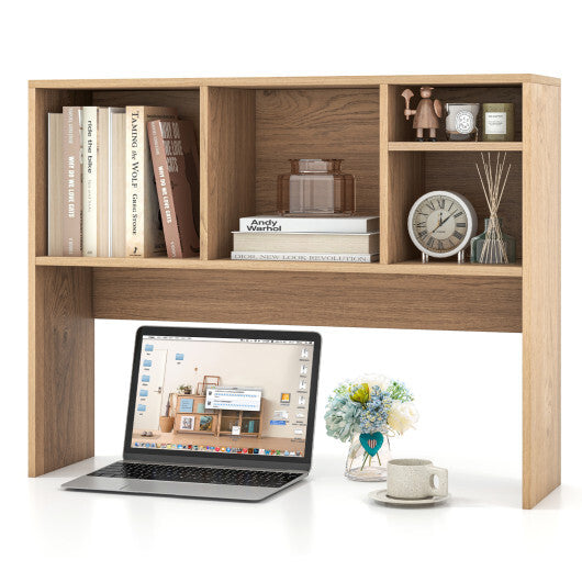 Costway Computer Desktop Bookcase with 4 Cubbies and Open Back Compartment-Natural