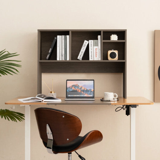 Costway Computer Desktop Bookcase with 4 Cubbies and Open Back Compartment-Gray