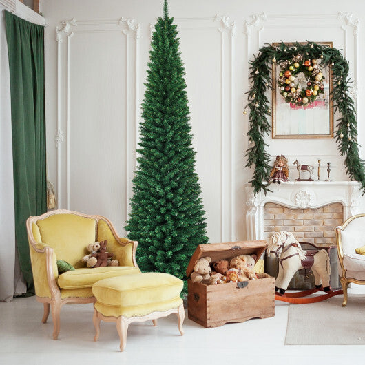 Costway 9Ft PVC Artificial Pencil Christmas Tree Slim Stand Green W2B