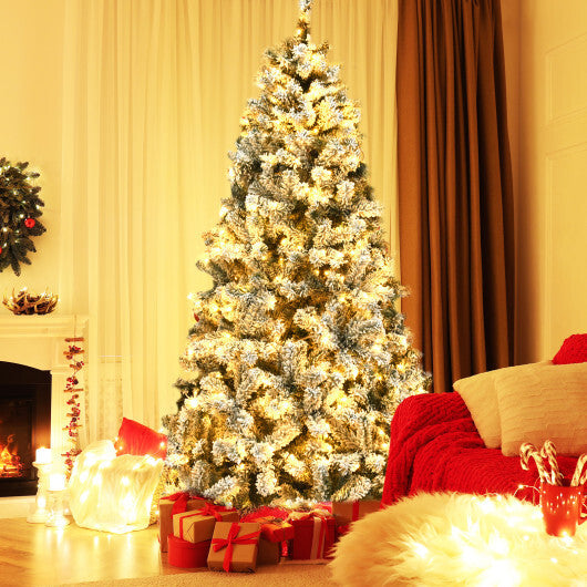 Costway 6 ft Pre-Lit Premium Snow Flocked Hinged Artificial Christmas Tree with 250 Lights W2B