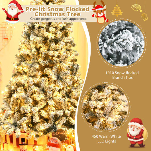 Costway 7.5 ft Prelit Premium Snow Flocked Hinged Artificial Christmas Tree with 450 Lights