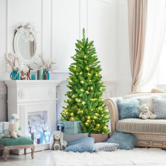 Costway 5 Feet PVC Hinged Pre-Lit Artificial Fir Pencil Christmas Tree with 150 Lights-5 ft W2B