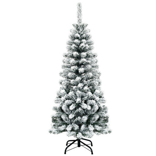 Costway 4.5 Feet Unlit Hinged Snow Flocked Artificial Pencil Christmas Tree with 242 Branch W2B
