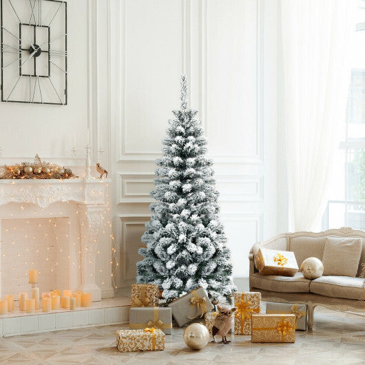 Costway 4.5 Feet Unlit Hinged Snow Flocked Artificial Pencil Christmas Tree with 242 Branch W2B