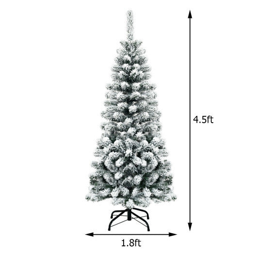 Costway 4.5 Feet Unlit Hinged Snow Flocked Artificial Pencil Christmas Tree with 242 Branch W2B