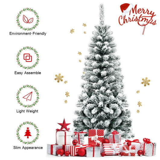 Costway 4.5 Feet Unlit Hinged Snow Flocked Artificial Pencil Christmas Tree with 242 Branch W2B