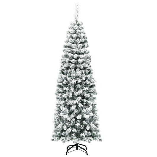 Costway 6Ft Unlit Hinged Snow Flocked Artificial Pencil Christmas Tree with 500 Branch Tips