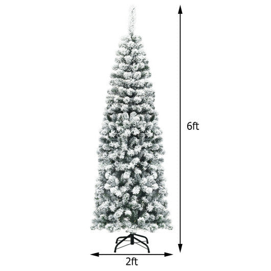 Costway 6Ft Unlit Hinged Snow Flocked Artificial Pencil Christmas Tree with 500 Branch Tips