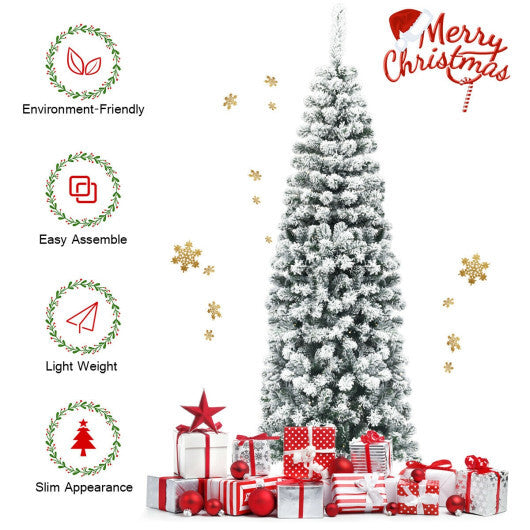 Costway 6Ft Unlit Hinged Snow Flocked Artificial Pencil Christmas Tree with 500 Branch Tips