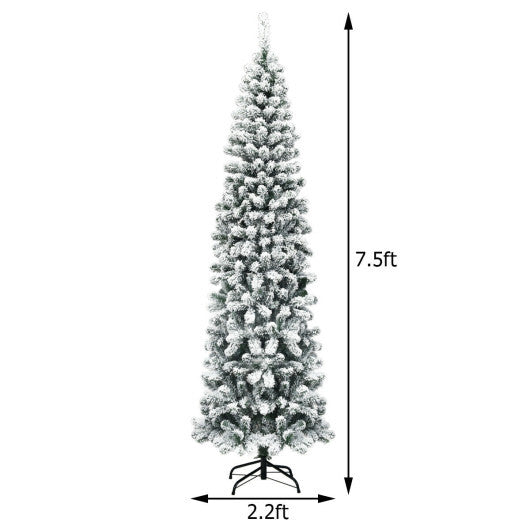 Costway 7.5Ft Pre-lit Snow Flocked Artificial Pencil Christmas Tree with 350 LED Lights