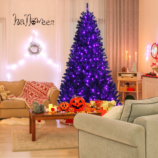 Costway Black Artificial Christmas Halloween Tree with Purple LED Lights-7 ft W2B