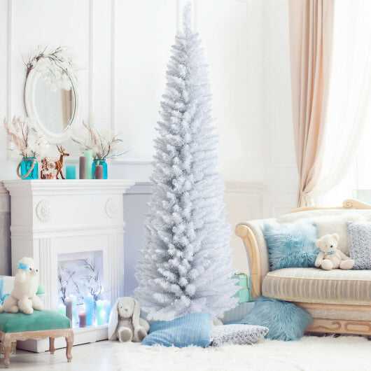 Costway 7 Feet Unlit Artificial Slim Christmas Pencil Tree with Metal Stand-7 ft W2B