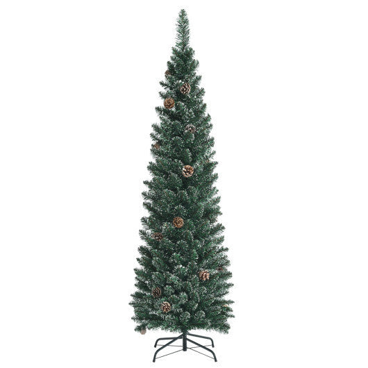 Costway Snowy Artificial Pencil Christmas Tree with Pine Cones-5 ft W2B