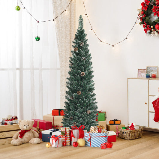 Costway Snowy Artificial Pencil Christmas Tree with Pine Cones-5 ft W2B