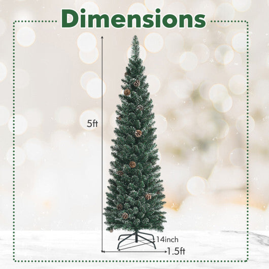 Costway Snowy Artificial Pencil Christmas Tree with Pine Cones-5 ft W2B