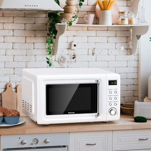 Costway 0.7Cu.ft Retro Countertop Microwave Oven 700W LED Display Glass Turntable White W2B