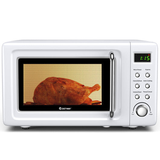 Costway 0.7Cu.ft Retro Countertop Microwave Oven 700W LED Display Glass Turntable White W2B
