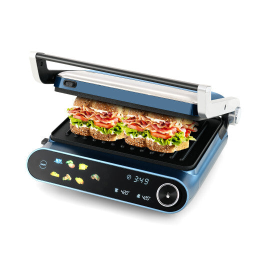 Costway 1200W Panini Press Grill with LED Display and 7 Grilling Modes-Blue