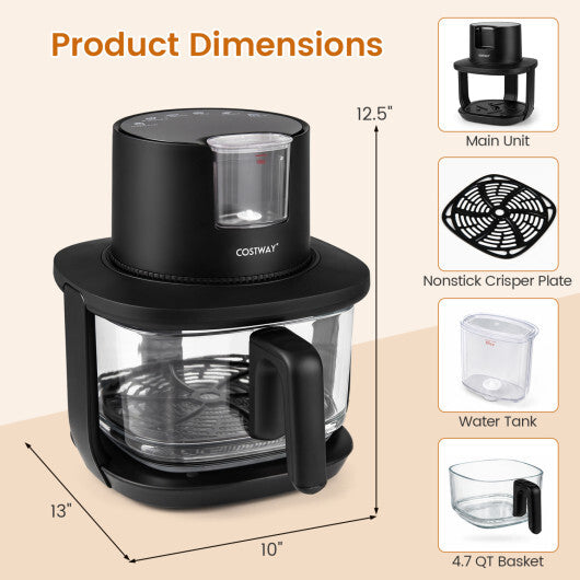 Costway 4.7 QT Glass Air Fryer with Steam Frying Mode-Black W2B