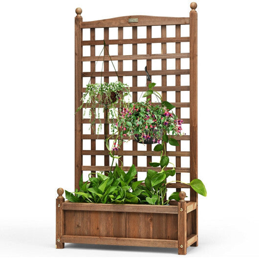 Costway Solid Free Standing Wood Planter Box with Trellis for Garden W2B