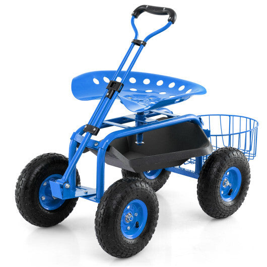 Costway Heavy Duty Garden Cart with Tool Tray and 360 Swivel Seat-Blue