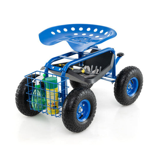 Costway Heavy Duty Garden Cart with Tool Tray and 360 Swivel Seat-Blue