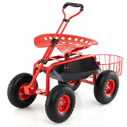 Costway Heavy Duty Garden Cart with Tool Tray and 360 Swivel Seat-Red