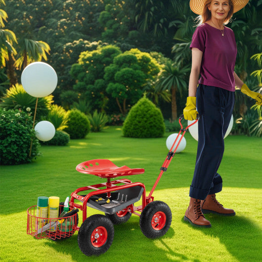 Costway Heavy Duty Garden Cart with Tool Tray and 360 Swivel Seat-Red