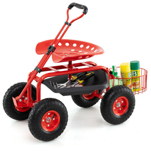 Costway Heavy Duty Garden Cart with Tool Tray and 360 Swivel Seat-Red