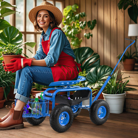 Costway Extendable Handle Garden Cart Rolling Wagon Scooter-Blue