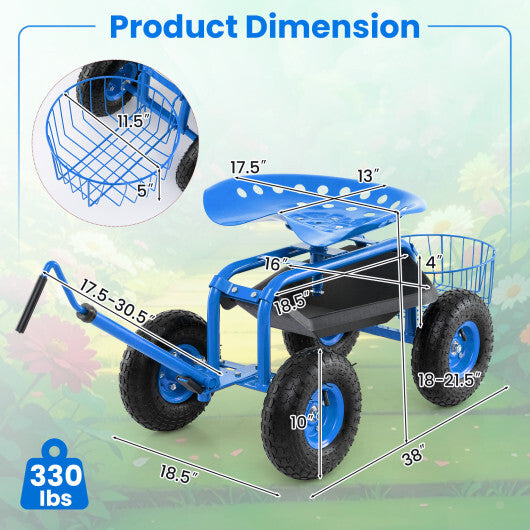 Costway Extendable Handle Garden Cart Rolling Wagon Scooter-Blue
