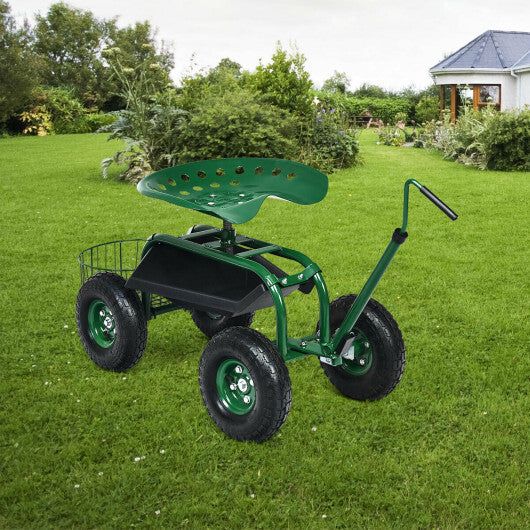 Costway Extendable Handle Garden Cart Rolling Wagon Scooter-Green