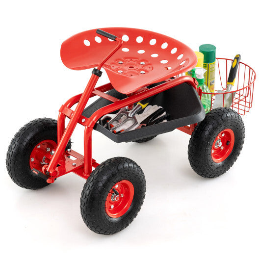 Costway Extendable Handle Garden Cart Rolling Wagon Scooter-Red