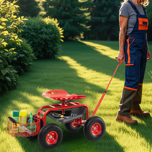 Costway Extendable Handle Garden Cart Rolling Wagon Scooter-Red