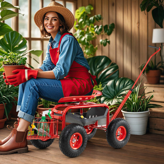 Costway Extendable Handle Garden Cart Rolling Wagon Scooter-Red