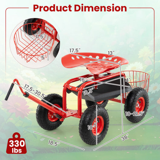 Costway Extendable Handle Garden Cart Rolling Wagon Scooter-Red