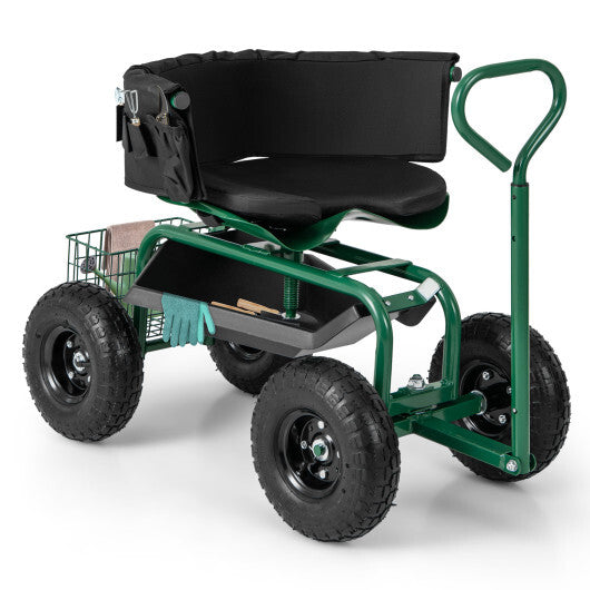 Costway Cushioned Rolling Garden Cart Scooter with Storage Basket and Tool Pouch-Green
